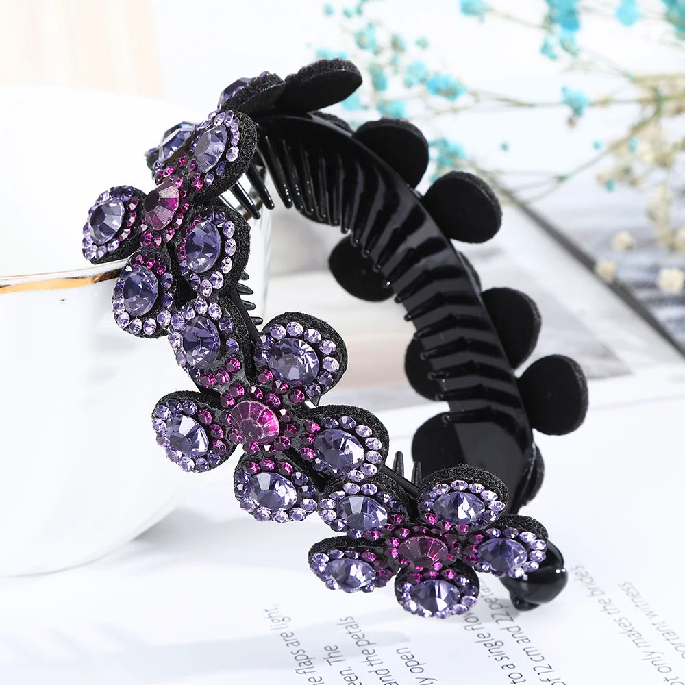 Barrettes à cheveux en forme de banane pour queue de cheval, motif floral et strass, pour femmes et filles, tendance