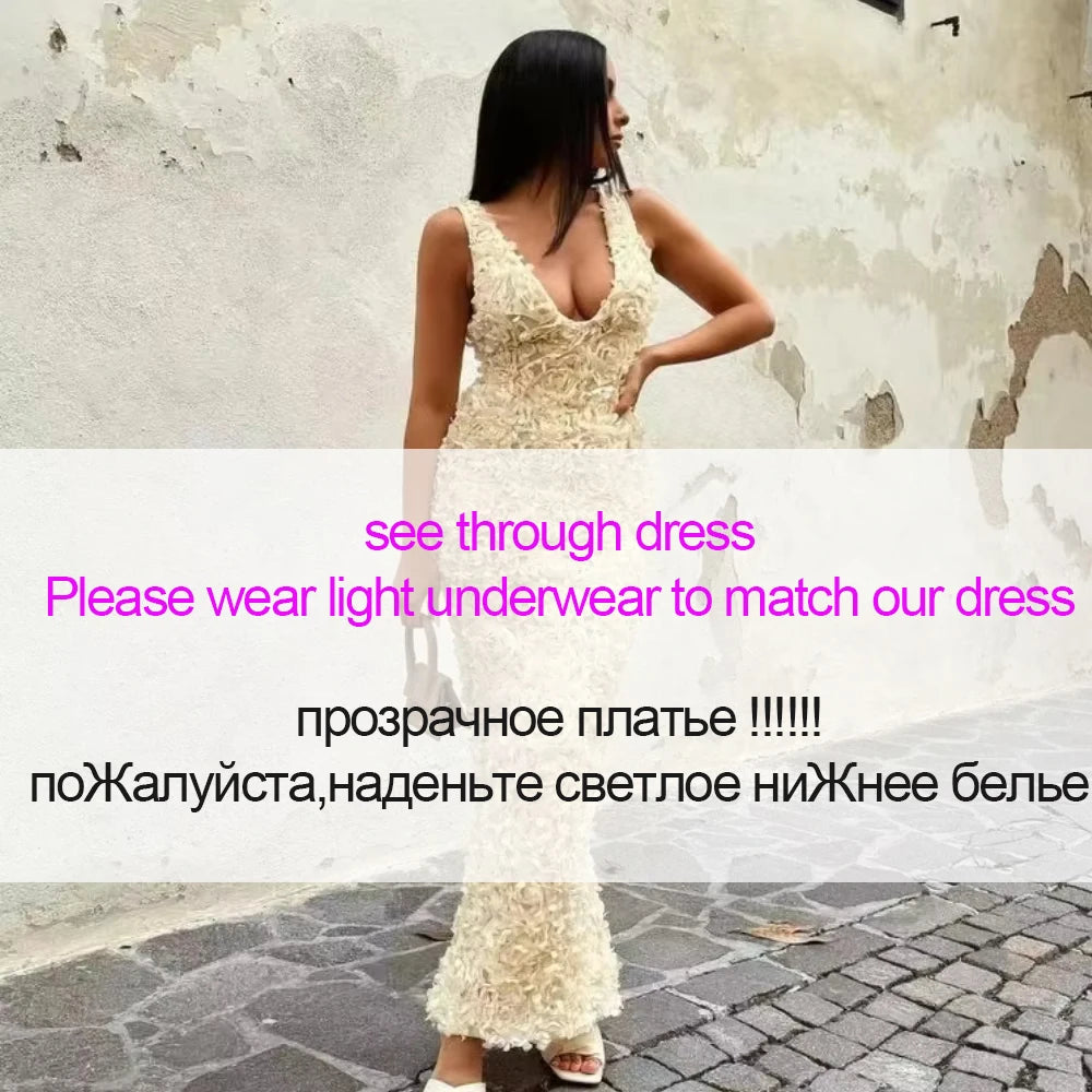 Mingmingxi Elegant Flower Applique Party Dresses 2024 New Arrivals V Neck Bodycon Mesh Dress Sexy Long Maxi Dress Women