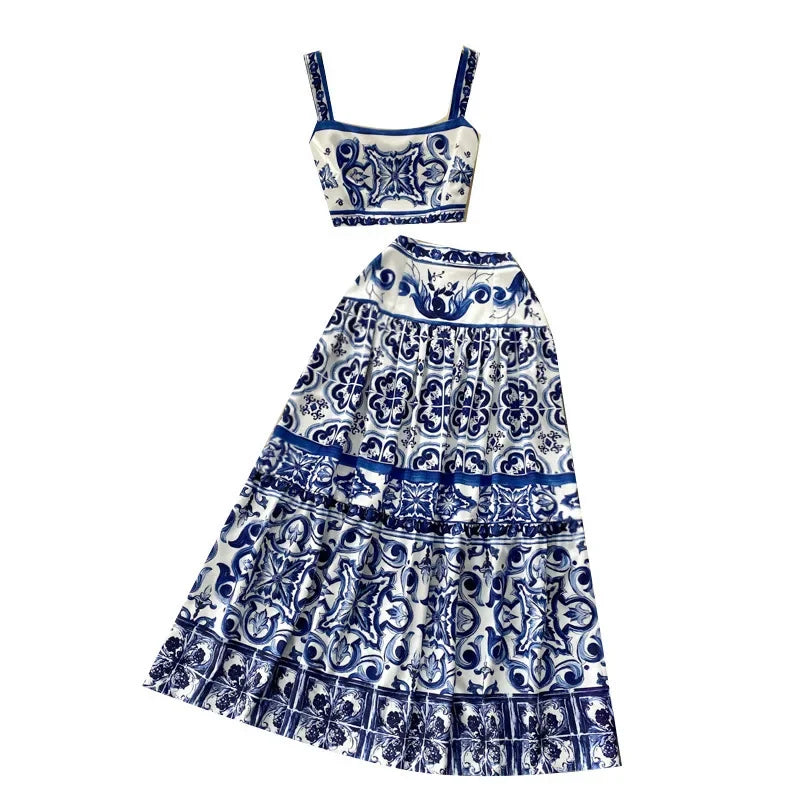 European Style Qinghua Porcelain Printed Suit Women's Summer Pure Desire Waist Tank Top High-waisted Medium Length Skirt
