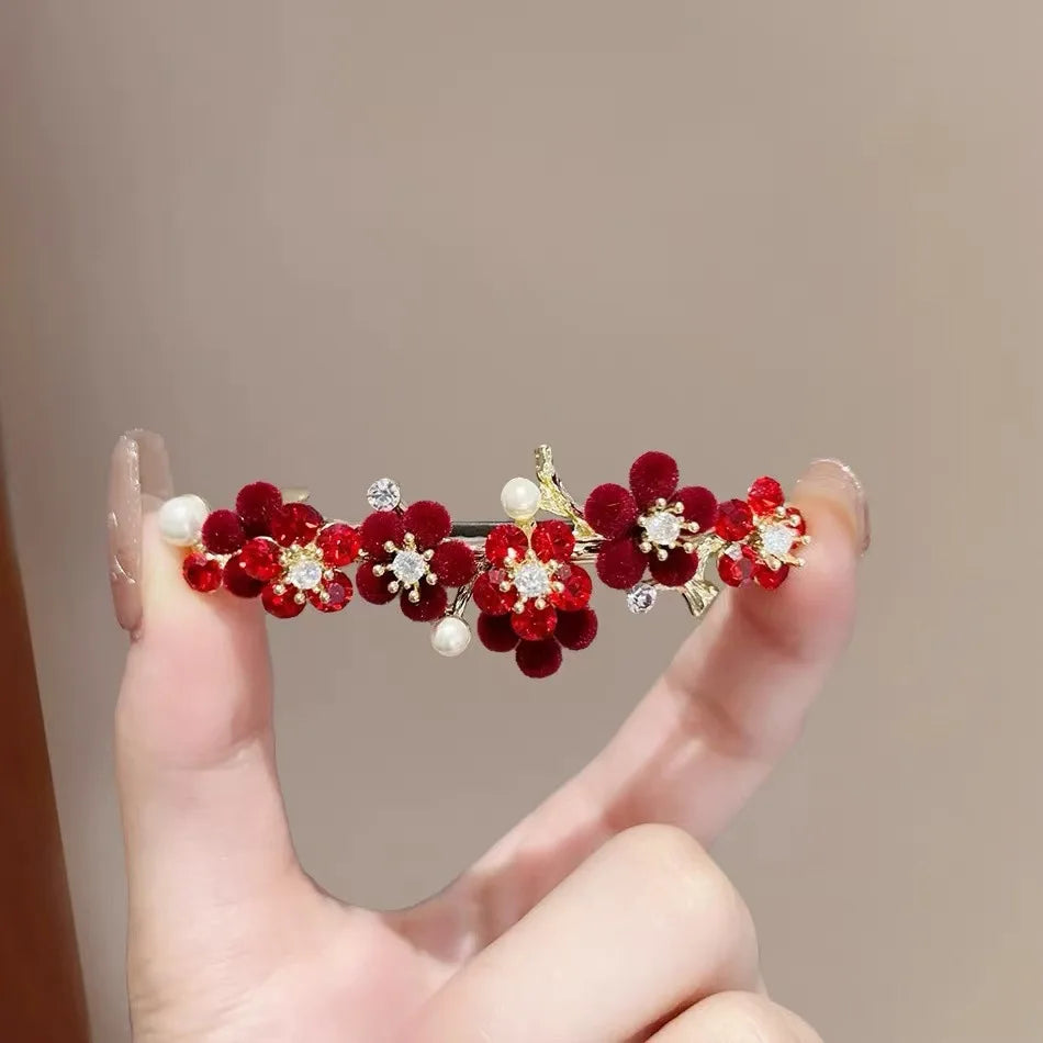 Épingle à cheveux rétro en perles et strass, fleur rouge, style tempérament, pince à ressort à moitié nouée, accessoires pour cheveux du Nouvel An féminin