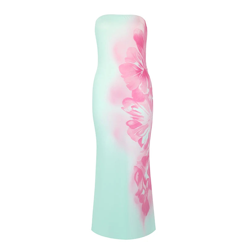Sexy Women's Dresses New Summer Streetwear Fashion Print Casual Slim Maxi Dress Elegant Lady Backless Strapless Dresses Clothing