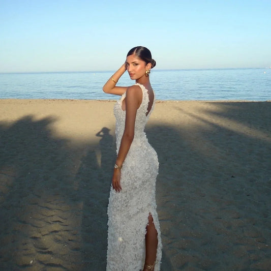 Mingmingxi Elegant Flower Applique Party Dresses 2024 New Arrivals V Neck Bodycon Mesh Dress Sexy Long Maxi Dress Women