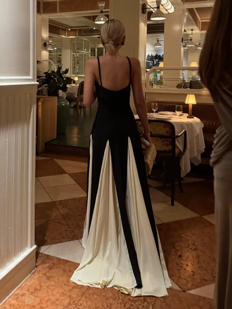 Fashion Contrast Patchwork Pleated Sling Dress Elegant Backless Sleeveless Women High Waist Vestdio New Lady Slim Fit Party Gown