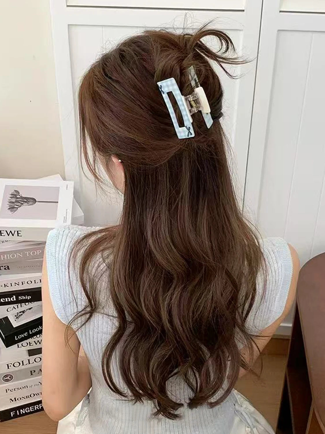 1PC Korean Sweet and girly floral check bow grab clip acrylic shark clip back of the head pan hair hairpin hair ornament