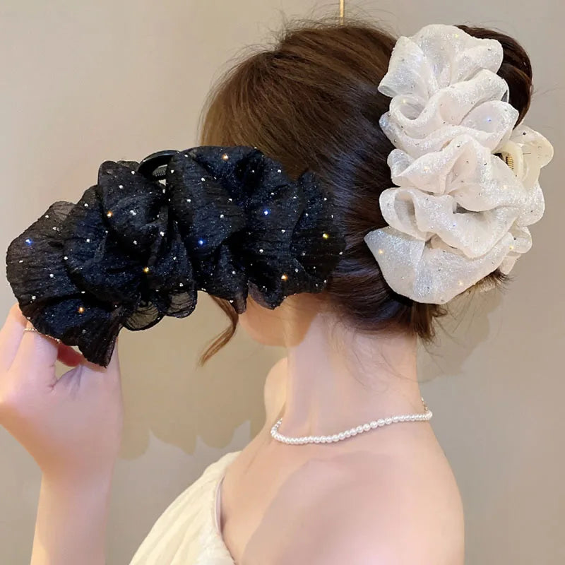 Summer Sweet Mesh Tulle Big Bow Hair Claw Clips for Women Solid colors Elegant Bowknot Ponytail clip New Headdress Accessories