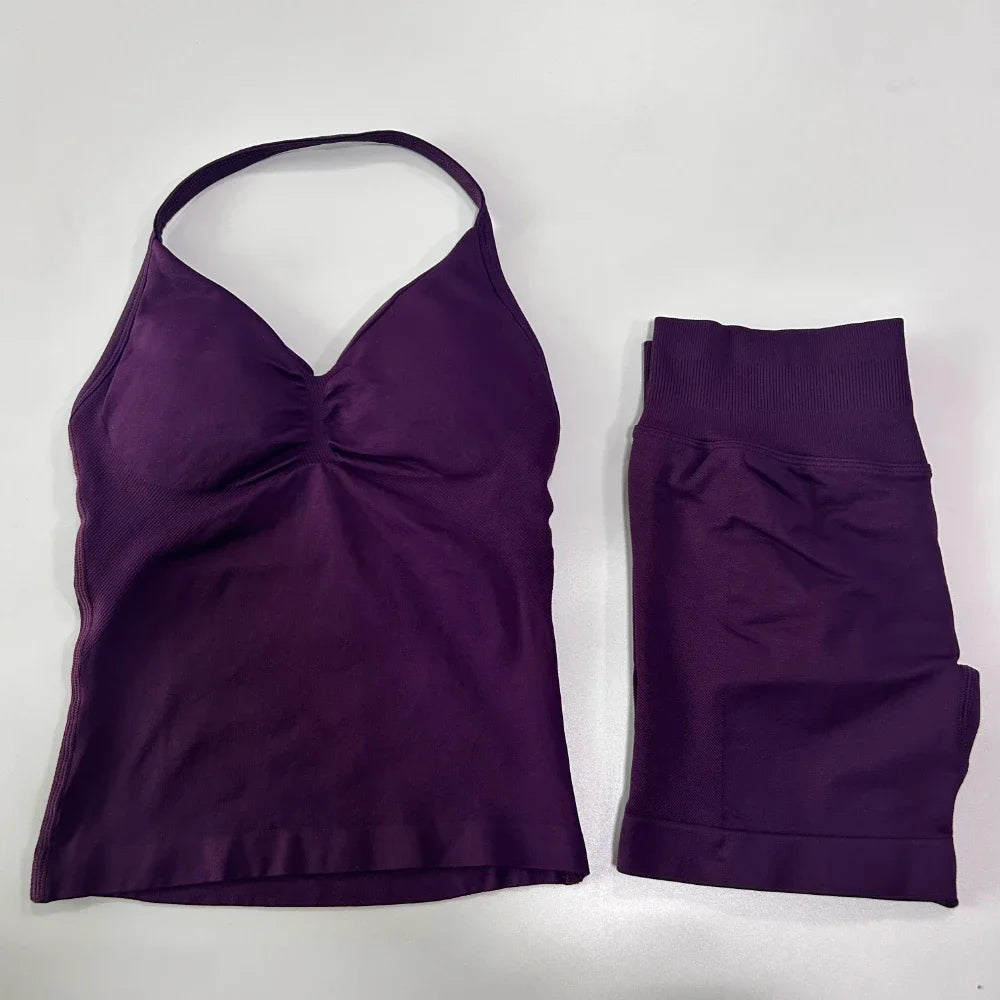 2Pcs Impact Gym Set Women Backless Tank Tops High Waist Scrunch Seamless Shorts Gym Suit Fitness Clothes Activewear Workout Sets