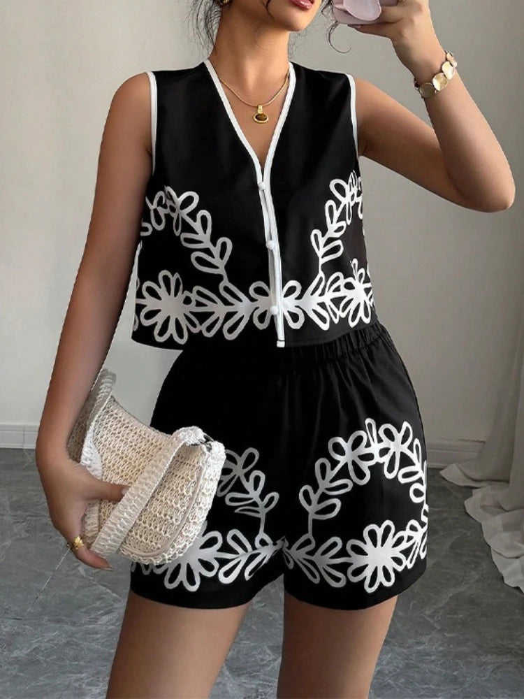 Summer 2025 Vacation Trends Stylish Print V-neck Vest+shorts Two-piece Suit New Summer Casual Slim Office Lady Short Sets