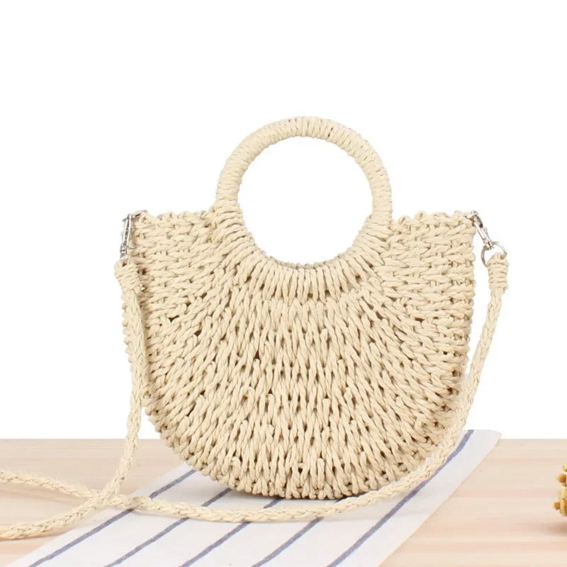 Straw Bag Women Hand-Woven Handbag Moon Shape Lace Bow Rattan Bag Big Capacity Drawstring Casual Beach Shoulder Crossbody Bag