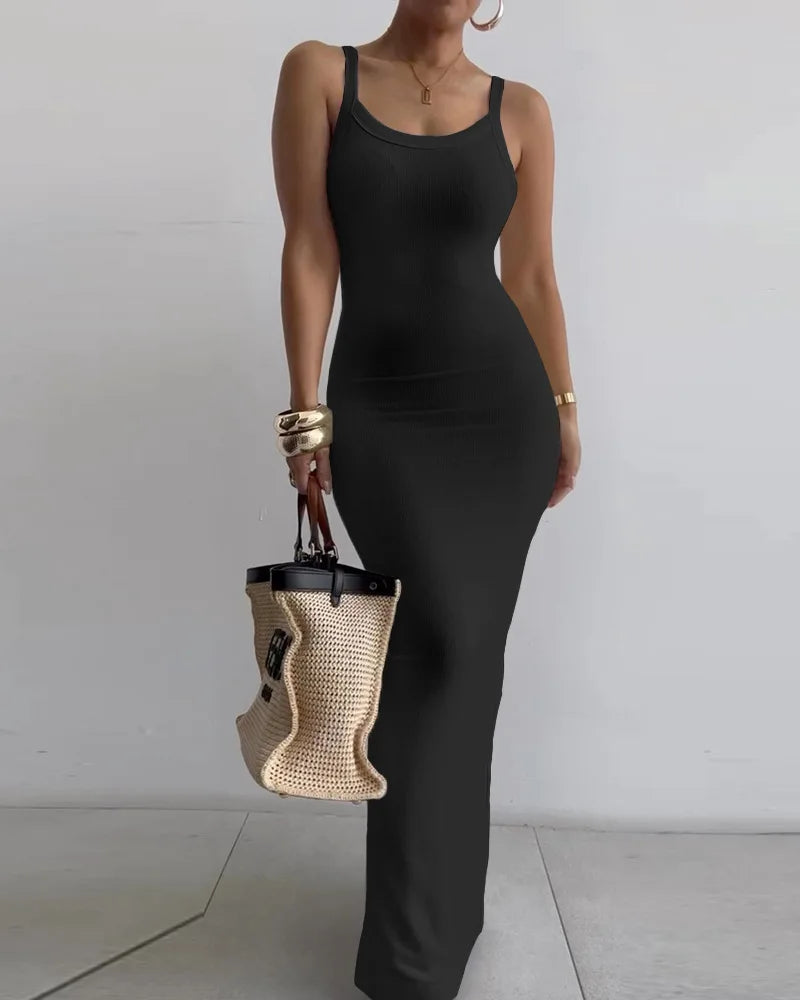Printed Slim Sexy Spaghetti Strap Long Dresses Women Fashion Trendy Y2k Sleeveless Solid Skinny Bodycon Maxi Vestidos Summer New