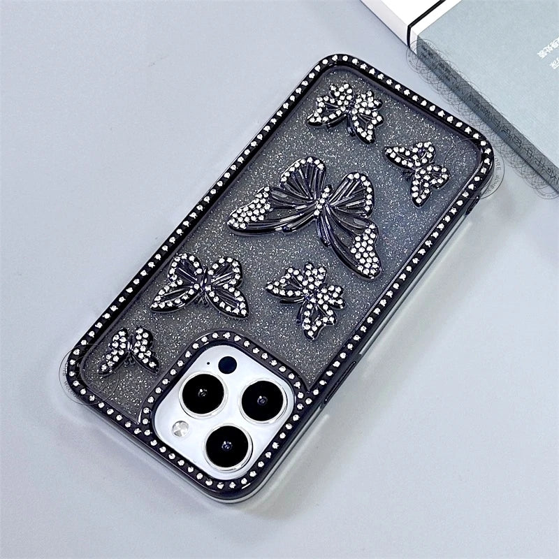 Bling Rhinestone 3D Case For iPhone 16 15 14 13 12 11 Pro Max Plus Cover Diamond Butterfly Shiny Sparkle Girls Cute Woman Beauty