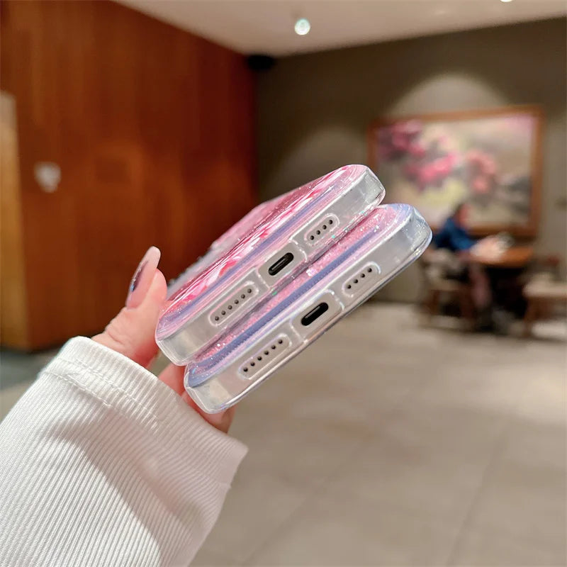 Peach Blossom Glitter Quicksand Case for iphone 16 15 14 13 Pro Max 16PRO Soft Protective Dynamic Liquid Cell Phone Cover Shell