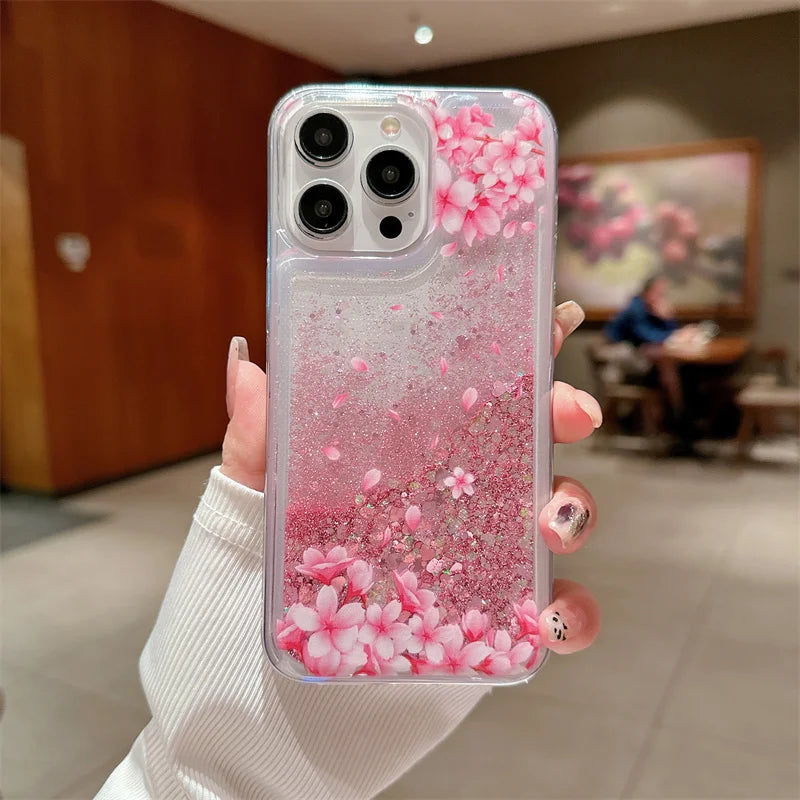 Peach Blossom Glitter Quicksand Case for iphone 16 15 14 13 Pro Max 16PRO Soft Protective Dynamic Liquid Cell Phone Cover Shell