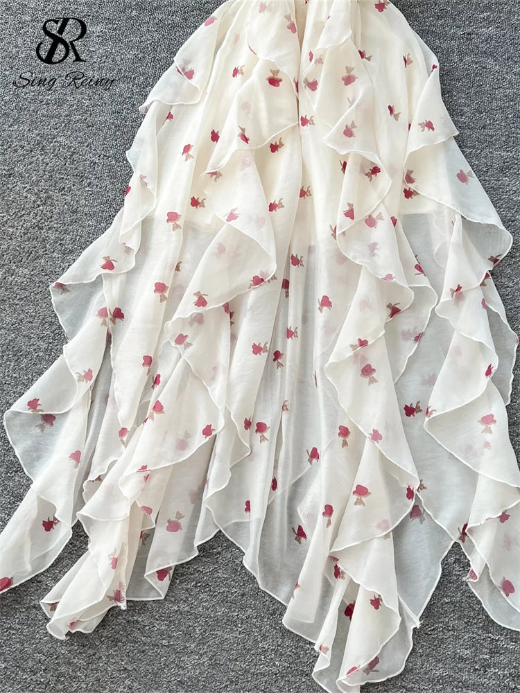 SINGREINY Beach Style Chiffon Dress Spaghetti Strap Sleeveless Floral Print Sweet Sundress Fashion Ladies Irregular Chic Dress