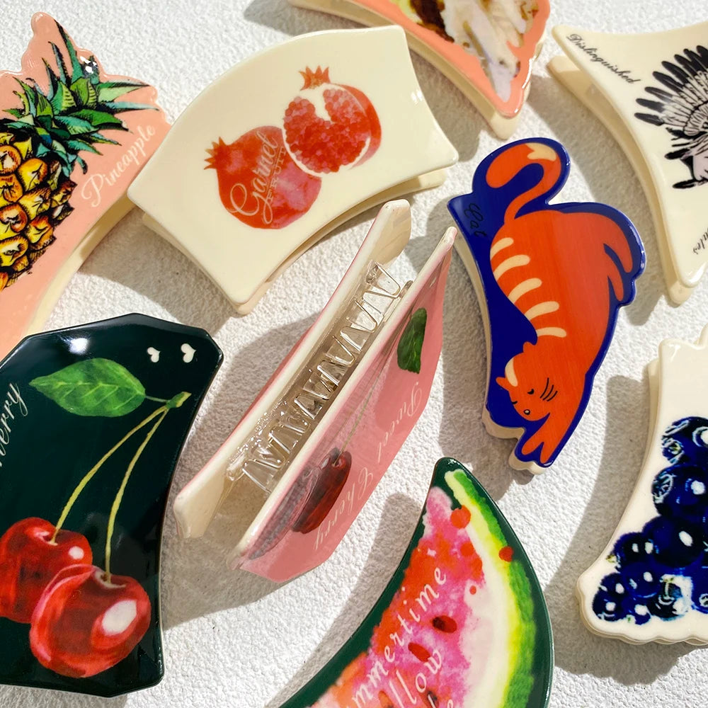 Pince à cheveux en plastique pour femme, motif géométrique irrégulier, cerise, ananas, chat, imprimé, fruits, accessoires de fête