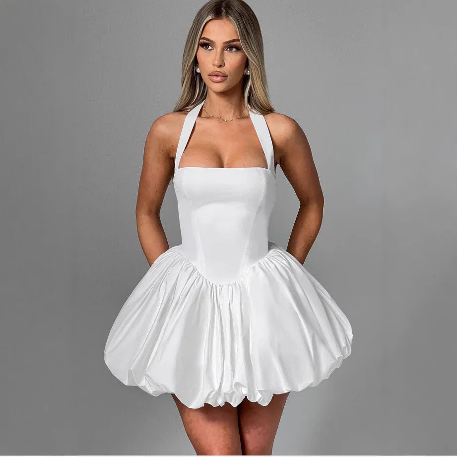 Fashion White O Neck Pleat Mini Dress Women Elegant Sleeveless High Waist Slim Puff Hem Short Dresses Lady 2025 New Street Robe