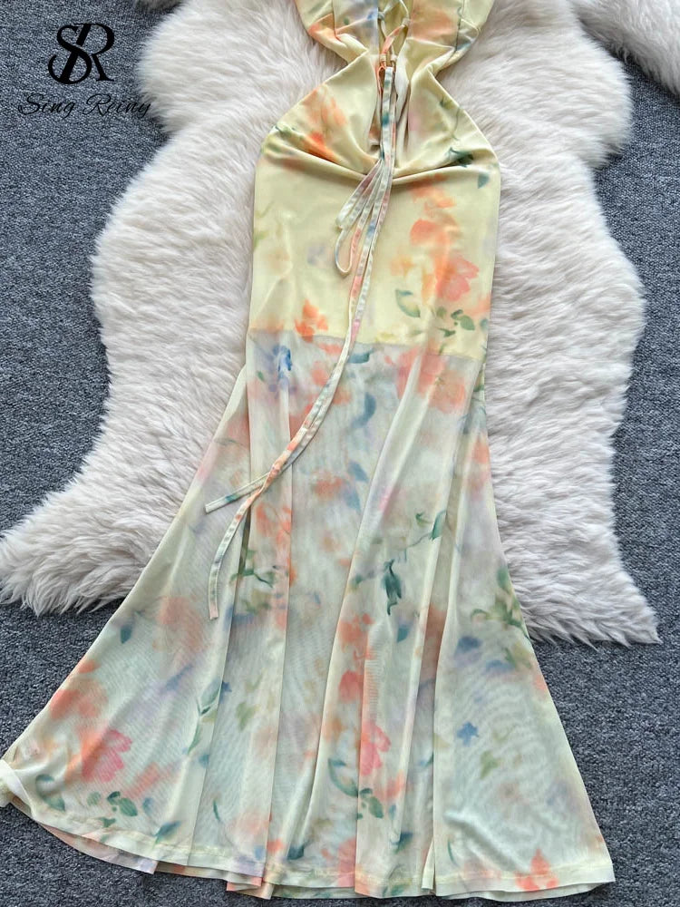 SINGREINY Summer Floral Mesh Long Dress Female Lace Splice V Neck Sleeveless Print Design 2025 Beach Hotsweet Backless Dress