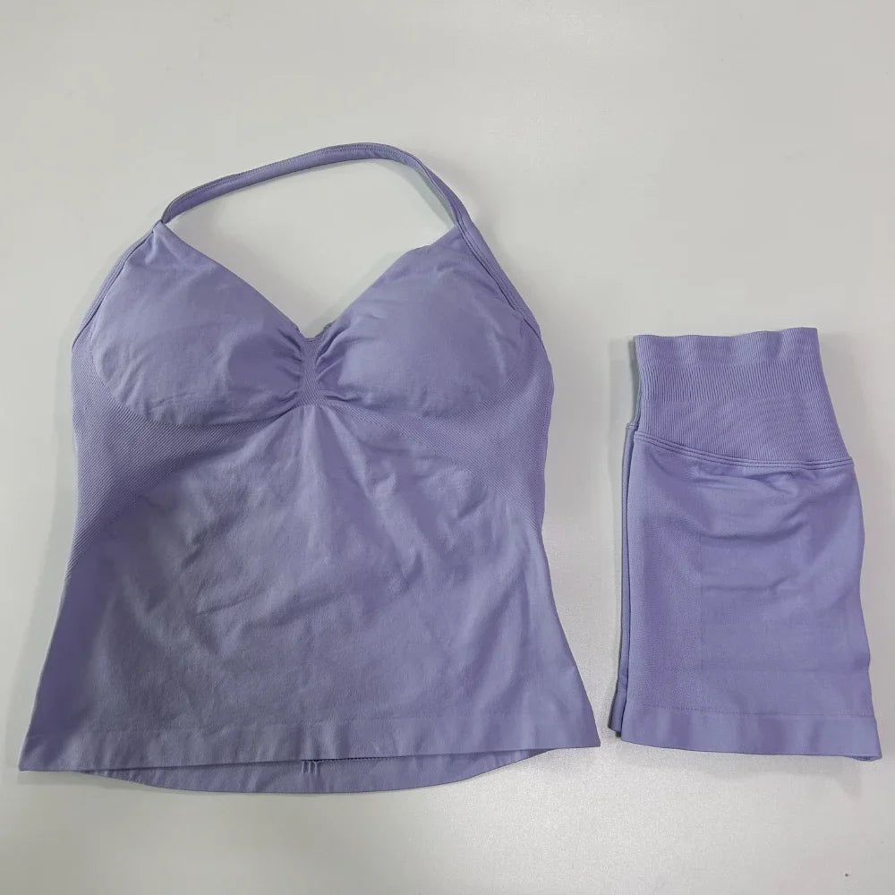 2Pcs Impact Gym Set Women Backless Tank Tops High Waist Scrunch Seamless Shorts Gym Suit Fitness Clothes Activewear Workout Sets