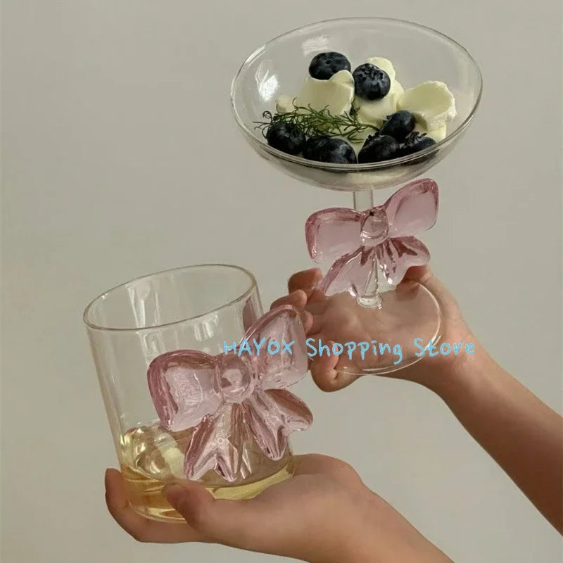 Tasse à café en verre rose résistant à la chaleur avec grand nœud, jolie tasse à glace pour boissons froides, légère et luxueuse, cadeau idéal