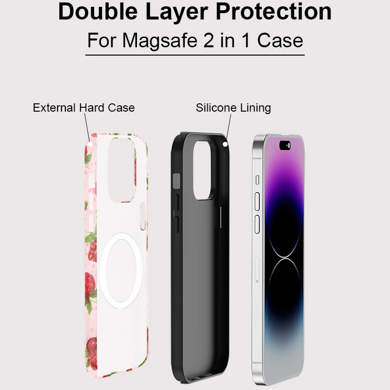 Cute Strawberry Pattern Case For iPhone 12 13 11 14 15 Plus 16 Pro Max Luxury 2 in 1 Magnetic Double-layer PC Back Cover