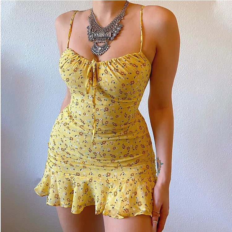 Sexy Dress For Women Spaghetti Strap Sleeveless Fashion Floral Print Bodycon Mini Dresses Summer Ruffles Beach Sundress Robe