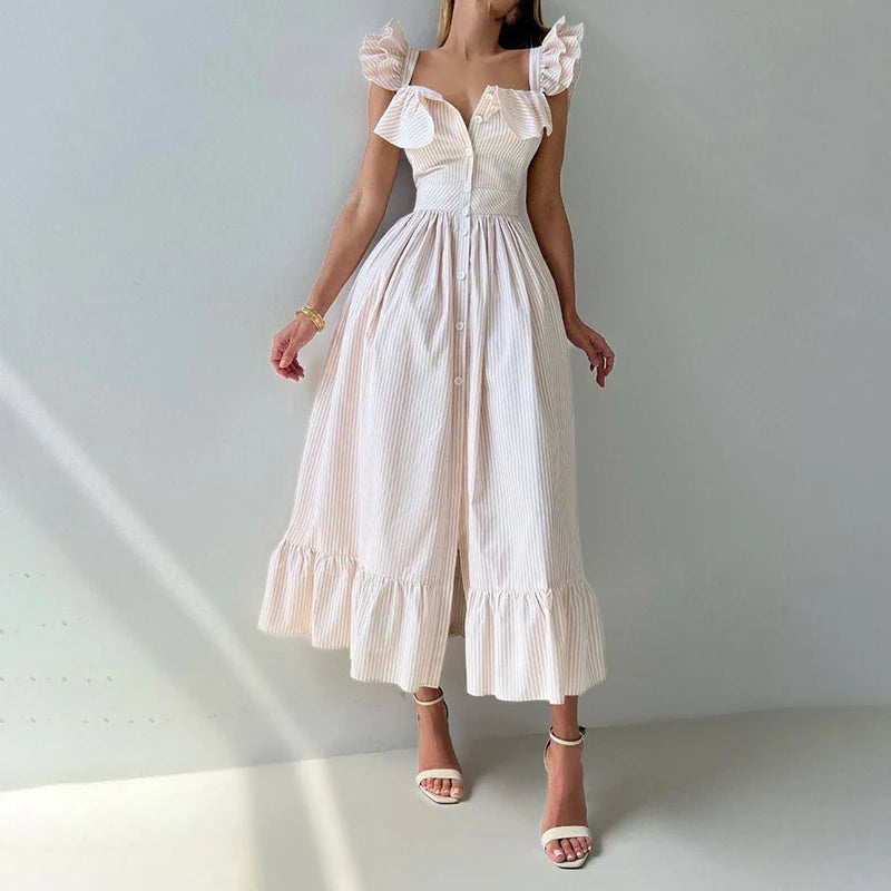 Flying Sleeves Striped Flounce Halter Dress Woman Waist Cinching Single Breasted A-Line Robes Chic Fashion Women's Long Dresses
