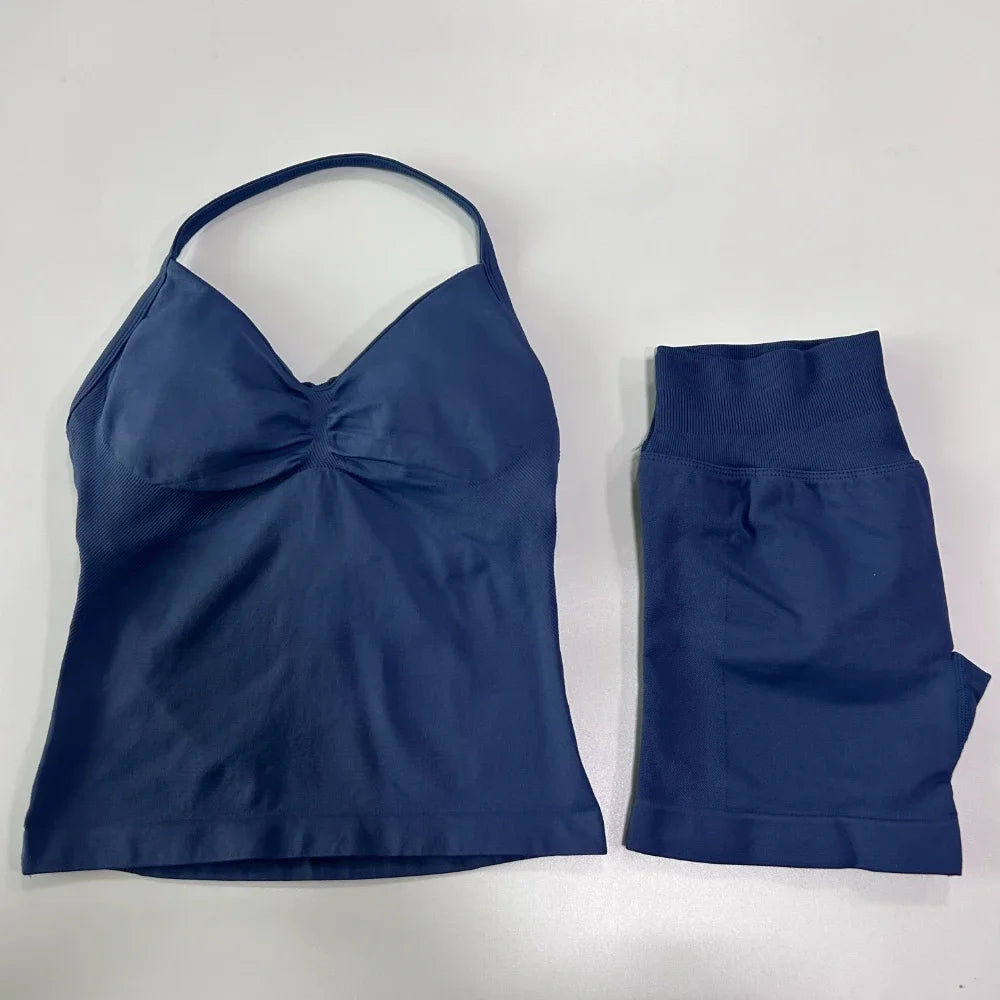 2Pcs Impact Gym Set Women Backless Tank Tops High Waist Scrunch Seamless Shorts Gym Suit Fitness Clothes Activewear Workout Sets