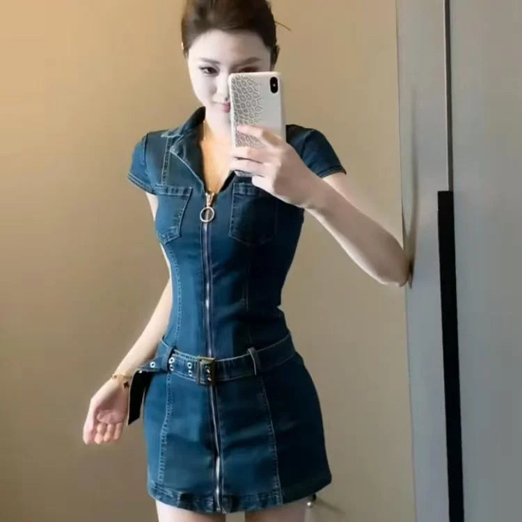Robe en jean bleu style rétro coréen à revers, taille fine, fermeture éclair, style Y2K, nouvelle collection été, style Harajuku, gothique, streetwear, sexy, épicée