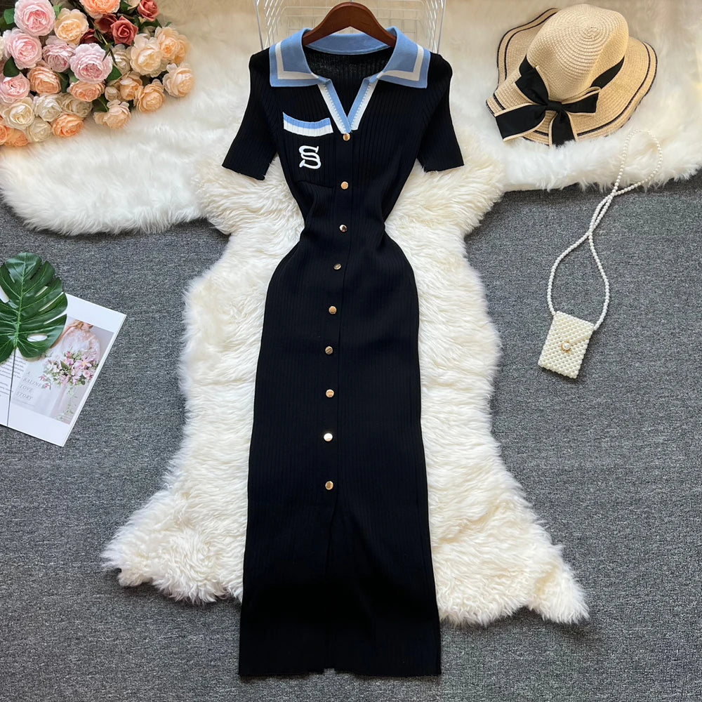 YuooMuoo – Robe d'été en tricot pour femme, nouvelle collection Y2K, longue robe moulante brodée, style streetwear, collection 2025