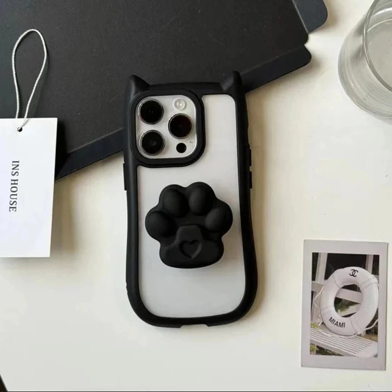 INS Cute 3D Cat Ear Claw Grip Tok Holder Phone Case for iPhone 15 14 13 12 11 Pro Max Plus XR Acrylic Transparent Cover