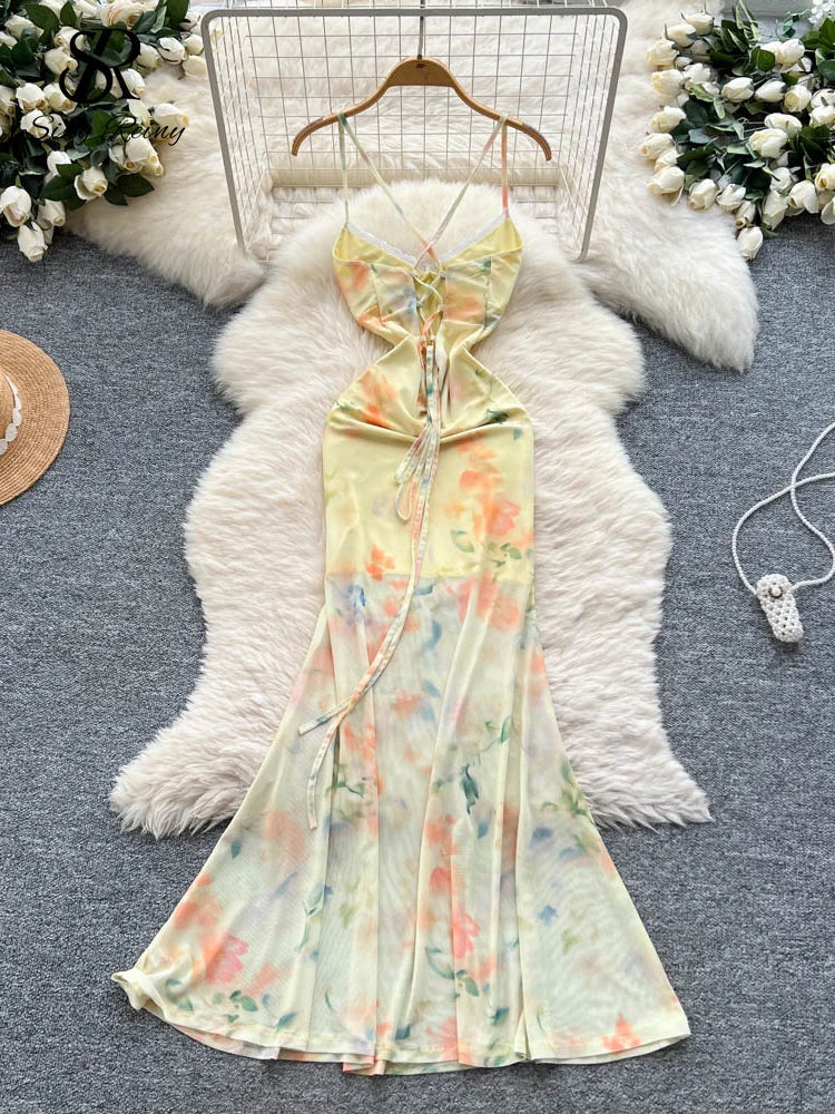 SINGREINY Summer Floral Mesh Long Dress Female Lace Splice V Neck Sleeveless Print Design 2025 Beach Hotsweet Backless Dress