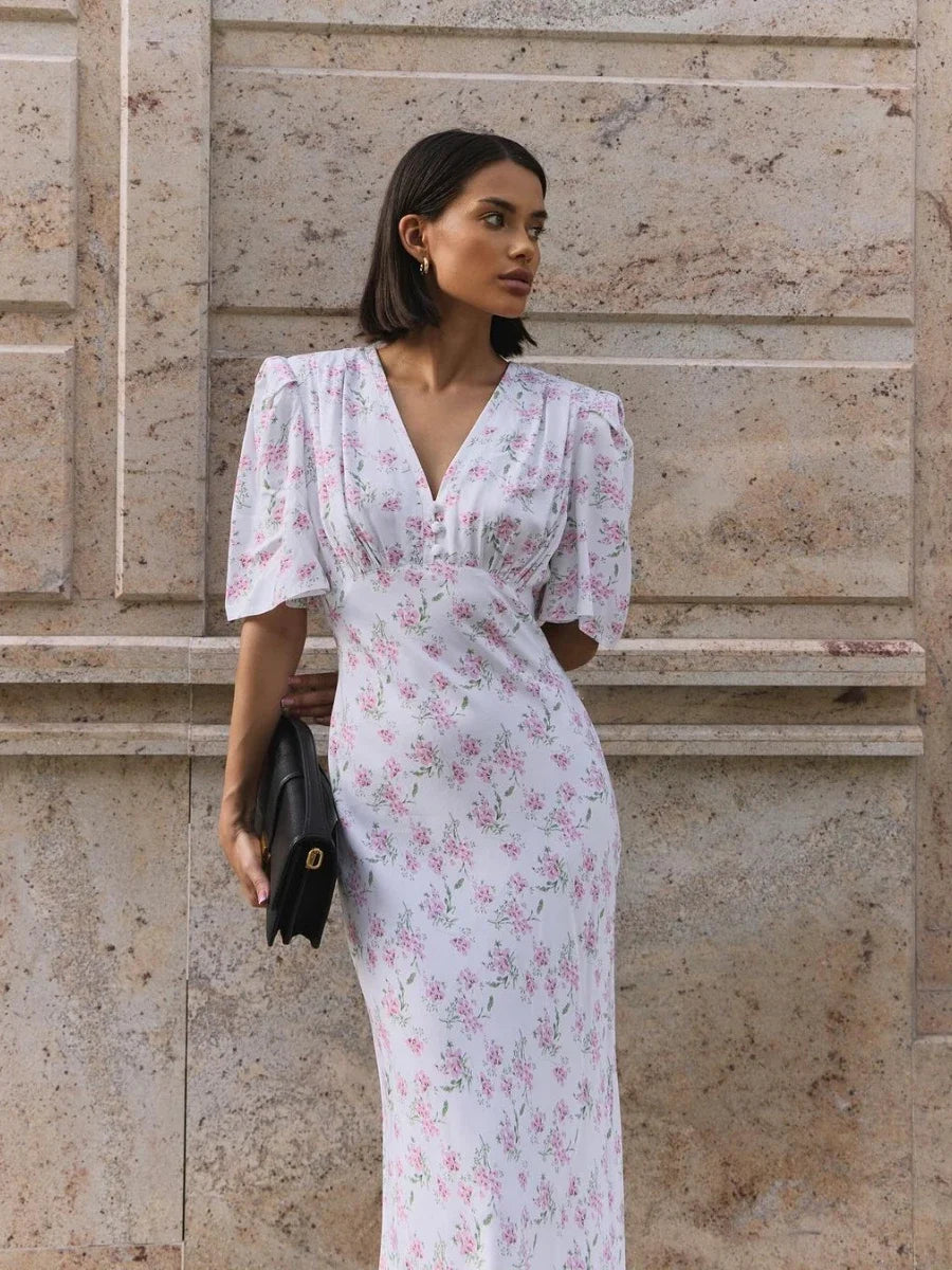 Wolfeel Summer Printed V-Neck Dress Women Fashionable Slim Fit Sexy Short Sleeves Long Skirt Temperament Office Women's Dress