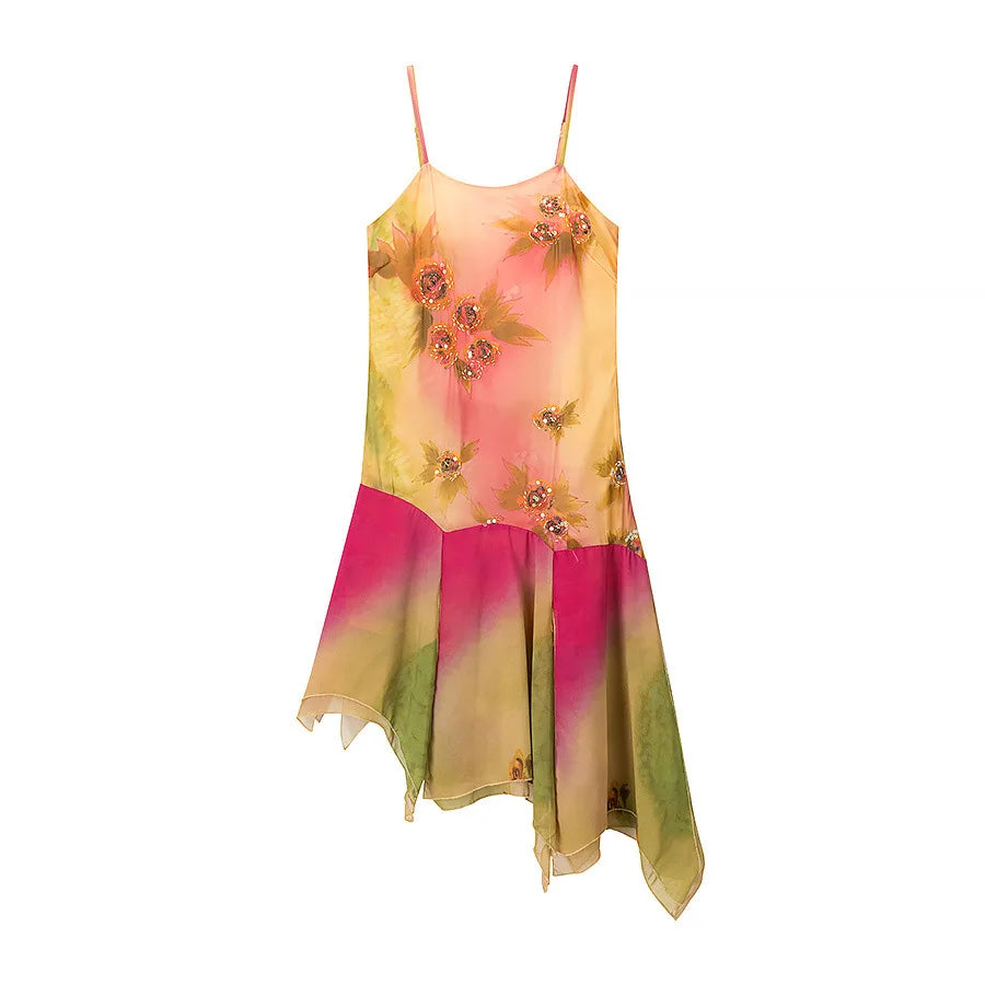 VEITCHE Summer 2025 New Arrival Women Chiffon Printed Ruffled Irregular Sequins Long Dress Off Shoulder V Neck Female Vestidos