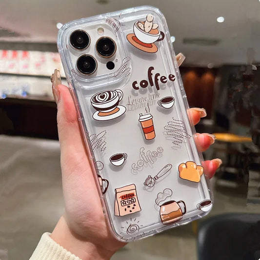 Multicolor Casual Coffee TPU Anti-Fall Clear Phone Case For iPhone 16 15 14 11 12 13 Pro Max Mini 7 8 Plus X XR XS SE 2020 Cover