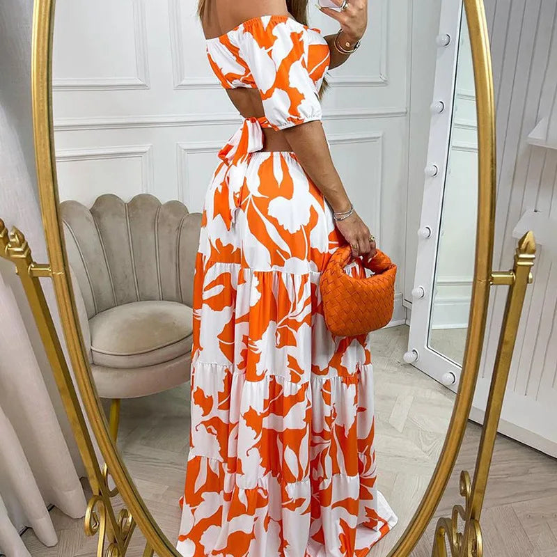 Sexy Women's Temperament Commuting Slim Fit Printing Hollow Lace up Large Swing Dress Women's Fashion Short Sleeve High Waist Dr