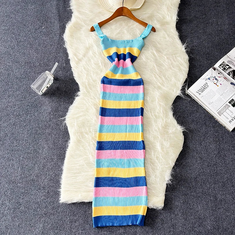 Chic Elastic Sexy Wrap Hips Maxi Long Dress Women Y2K Rainbow Knitted Bodycon Summer Dress Streetwear Ladies Outfits Sundress