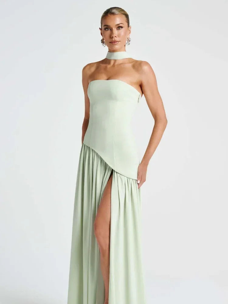 Elegant Solid Pleated Maxi Dress Women Sexy Sleeveless Off Shoulder High Slit Spliced Scarf Slim Fit Dresses 2025 New Party Wear