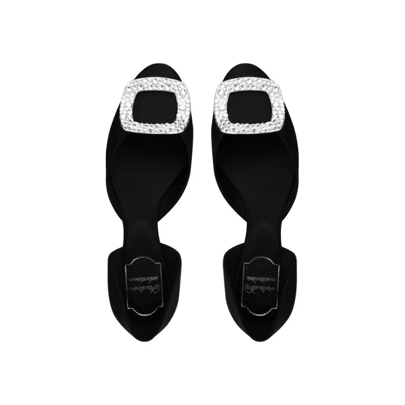 Été 2024 Nouvelle Mode Femmes Soie Tête Ronde Carré Diamant Brillant Bouche Peu Profonde Creuse Voyage Vacances Plat Simple Chaussures