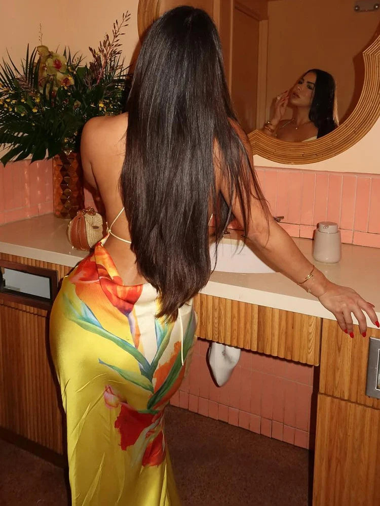 Nibber Floral Print Backless Dress Women Sexy Lace-Up Ruched Swing Collar Sleeveless Robe Vacation Trend Beach Party Outfits