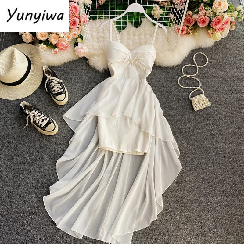 Ins Fashion Slim High Waist Asymmetrical Women Dress 2021 New Summer Elegant White Black Party Dress Ladies Dresses