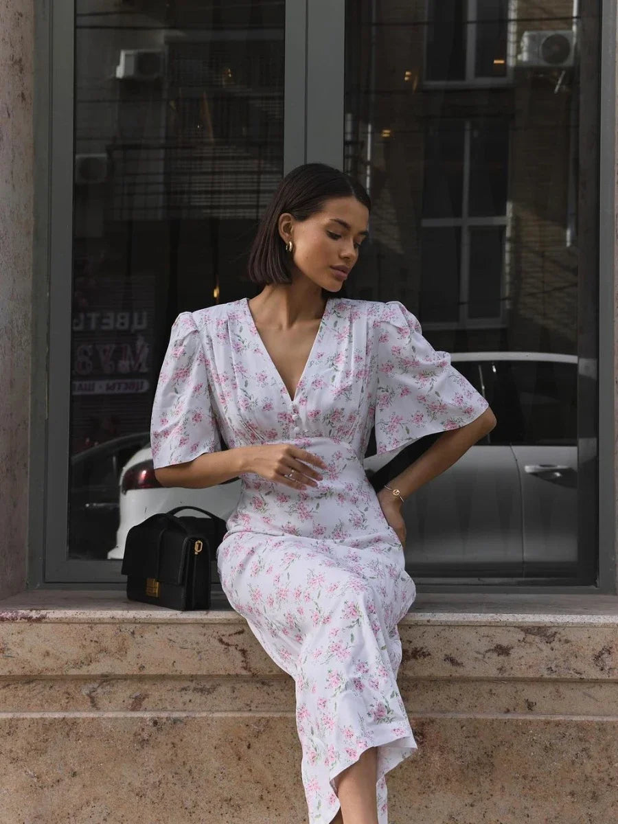 Wolfeel Summer Printed V-Neck Dress Women Fashionable Slim Fit Sexy Short Sleeves Long Skirt Temperament Office Women's Dress