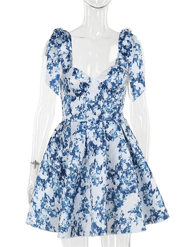 Fashion Women Print Mini Dress Elegant Bow Sling A-line Retract Waist Sleeveless Robe 2025 New Spring Female Party Evening Gown