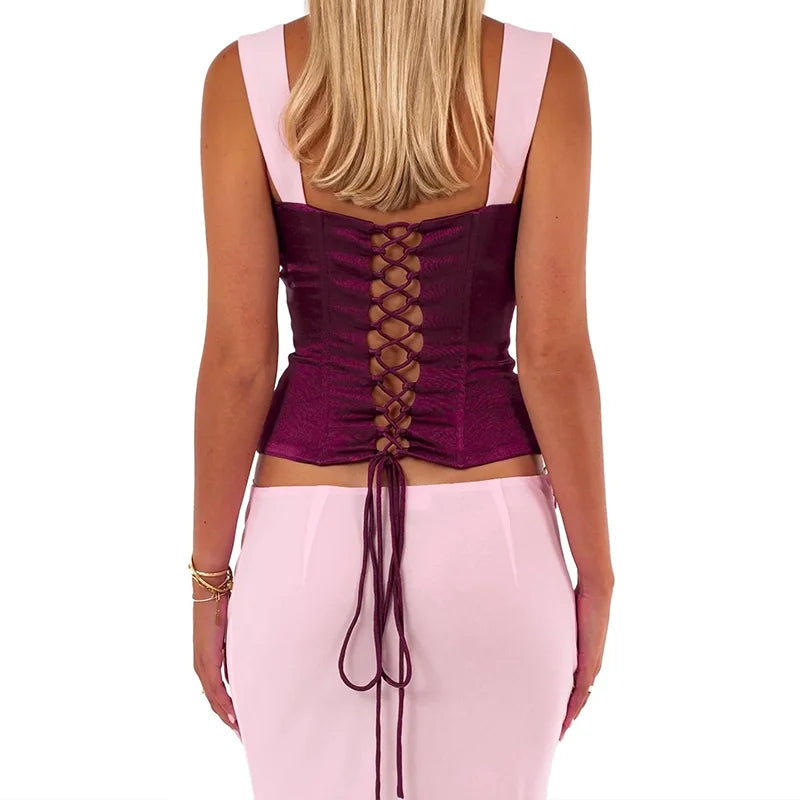 WhereMery Temperament Ensemble deux pièces pour femme, haut court patchwork sans manches à épaules dénudées et jupe droite taille basse sexy