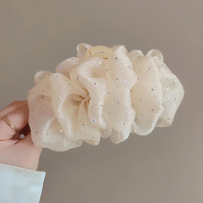 Summer Sweet Mesh Tulle Big Bow Hair Claw Clips for Women Solid colors Elegant Bowknot Ponytail clip New Headdress Accessories