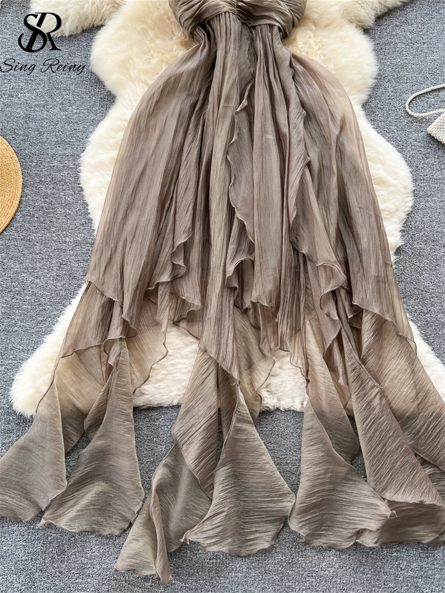 SINGREINY Summer Beach Vacation Style Dress Women Elastic Waist Spaghetti Strap Ribbon Irregular Fashion Sexy Slim Long Dress