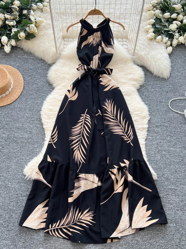 SINGREINY Women Print Vacation Dress Lace Up Design French Sleeveless Halter Dresses 2025 Summer Senior Beach Long Sundress