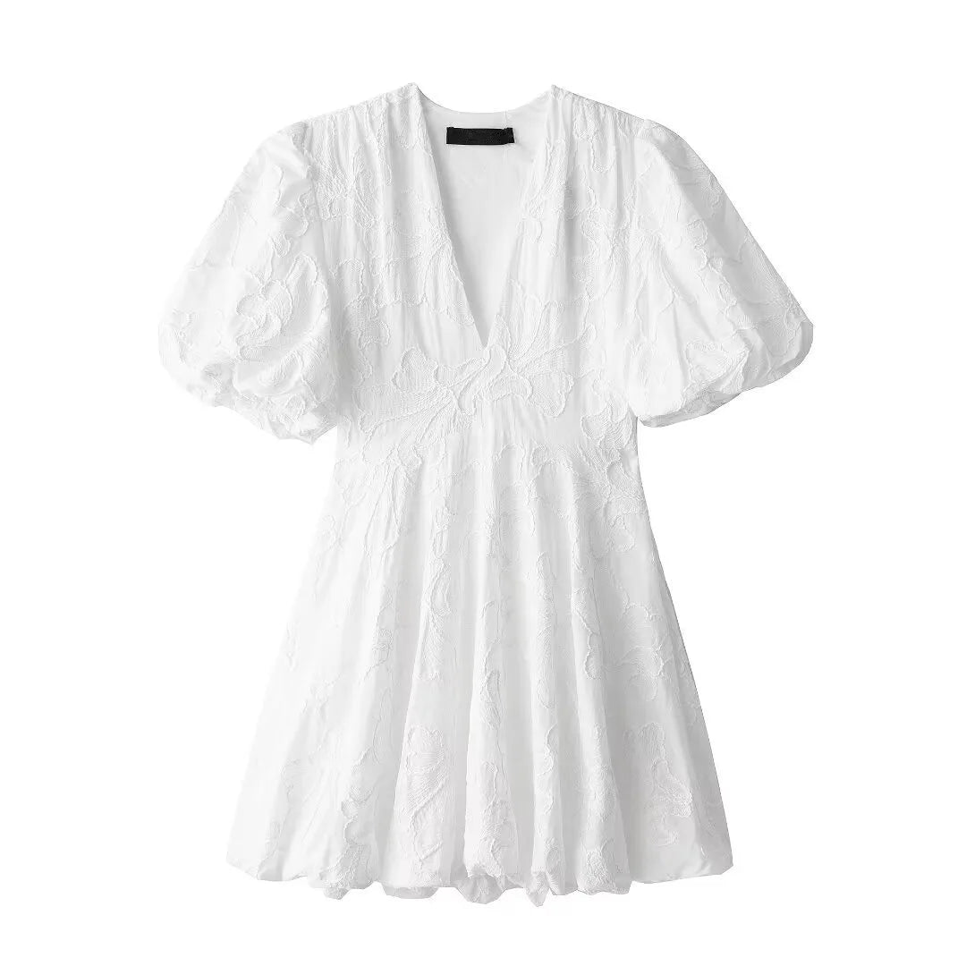 Ladies Solid Embroidered Short Style Elegant Summer Dresses Women White Casual Streetwear Mini Dress Female Robes Femme Vestidos
