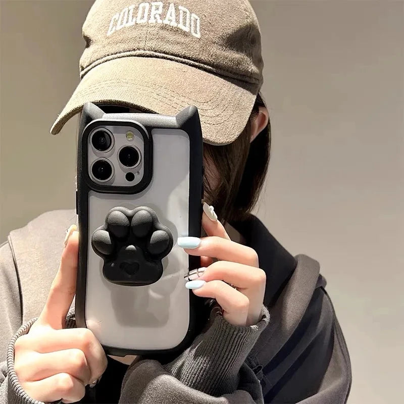 INS Cute 3D Cat Ear Claw Grip Tok Holder Phone Case for iPhone 15 14 13 12 11 Pro Max Plus XR Acrylic Transparent Cover