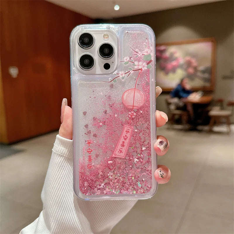 Peach Blossom Glitter Quicksand Case for iphone 16 15 14 13 Pro Max 16PRO Soft Protective Dynamic Liquid Cell Phone Cover Shell