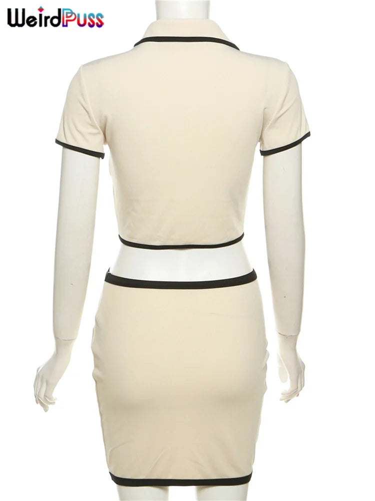 Ensemble 2 pièces côtelé pour femme, col polo, short boutonné, haut court et mini-jupe assortis, extensibles et élégants, style streetwear