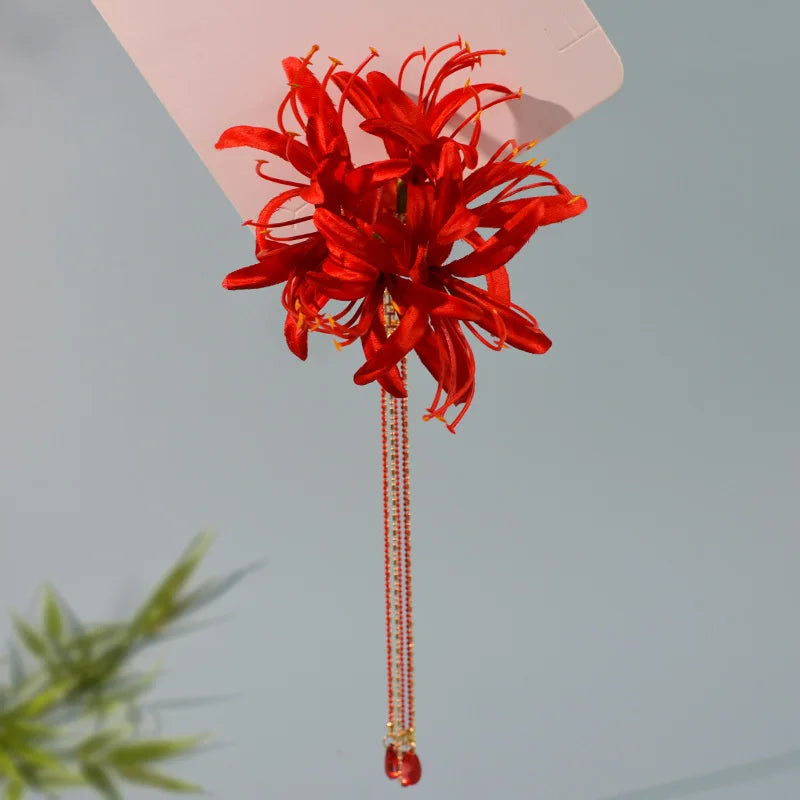 Chinese Hanfu Hair Accessories Red Flower Long Tassels Hair Clip Hairpins Barrettes Vintage Dress Accessories Headwear Jewelry